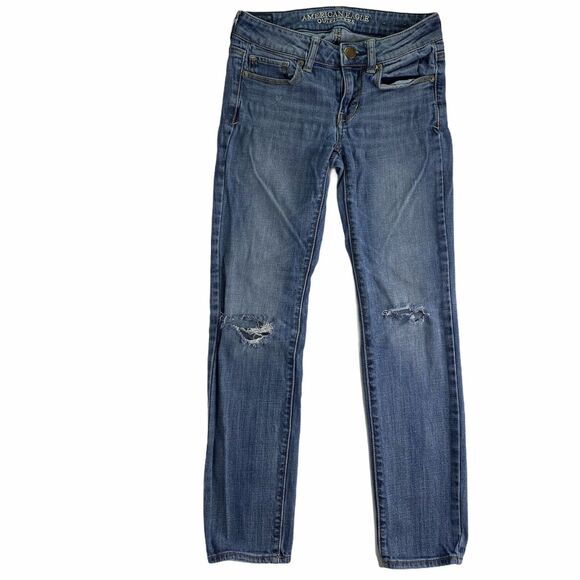 American Eagle Jeans Womens Sz 0 Short Skinny Stretch Denim Distressed Low Rise - Picture 1 of 12